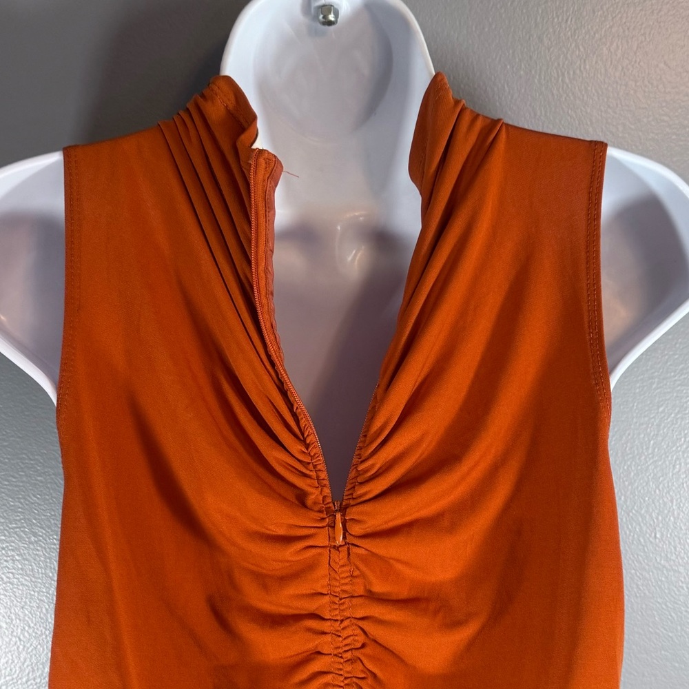 Calvin Klein Ruched Sleeveless Mock Neck Top Rust Orange Stretch Blouse Size M - Picture 6 of 14